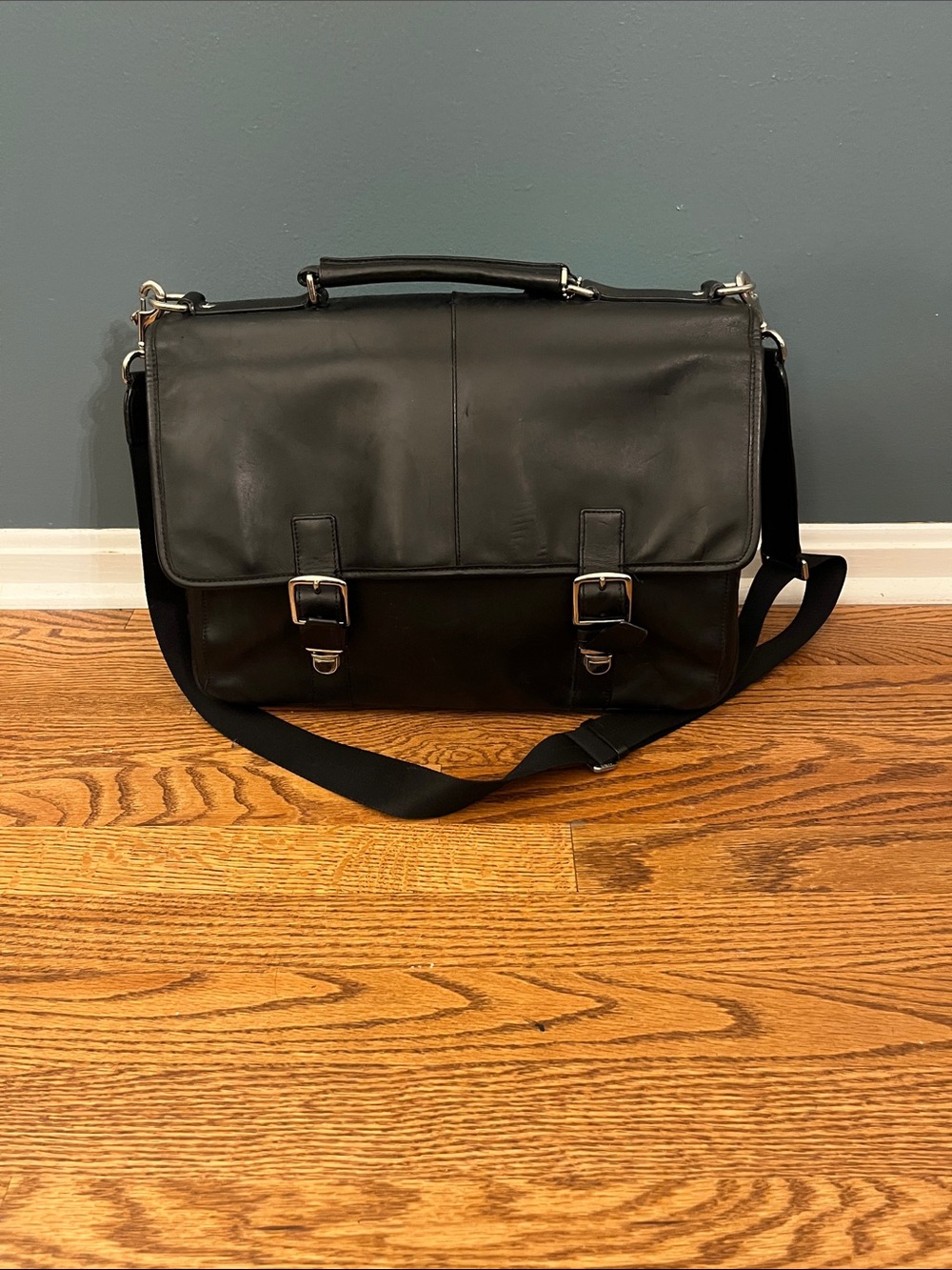 Coach LARGE M1269- F70666 Vintage Black Leather Double Buckle Flap Top Briefcase